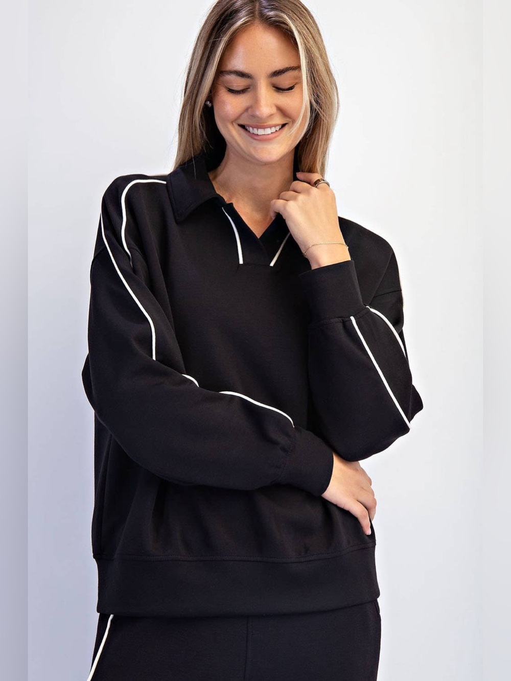 Rae Mode Black Scuba Polo Pullover Top